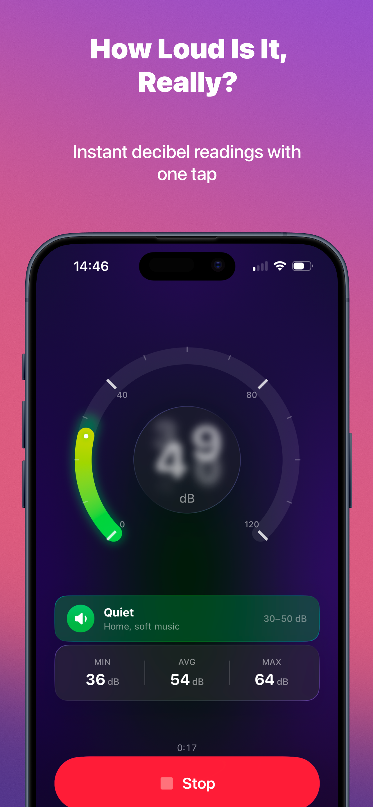 Loudly app showing quiet noise level measurement